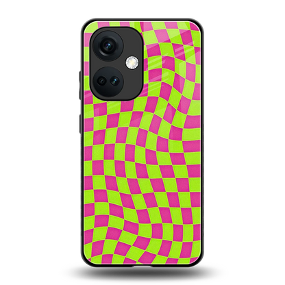 Trippy Green Pink Checkers back phone cover | glass case for oneplus nord ce 3