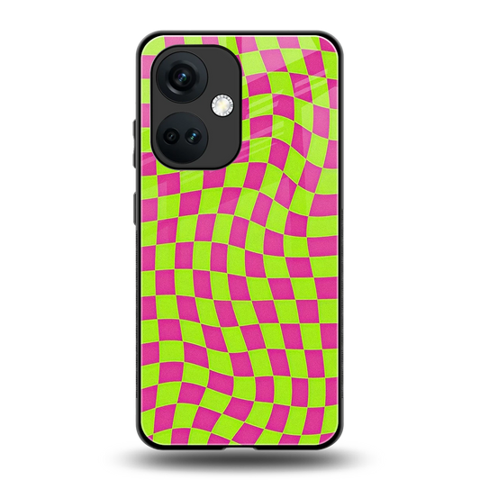 Trippy Green Pink Checkers back phone cover | glass case for oneplus nord ce 3