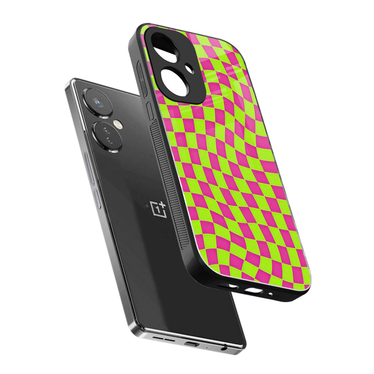 Trippy Green Pink Checkers sleek oneplus nord ce 3 cover with tempered glass back and TPU edges