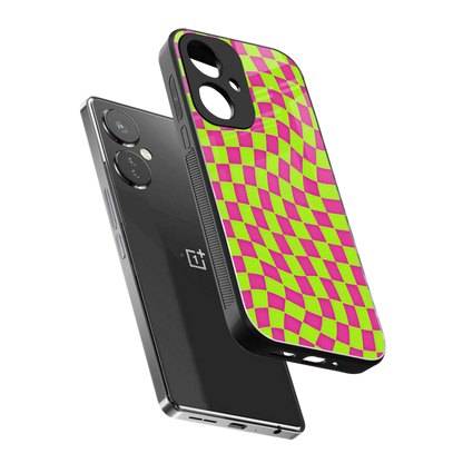 Trippy Green Pink Checkers sleek oneplus nord ce 3 cover with tempered glass back and TPU edges