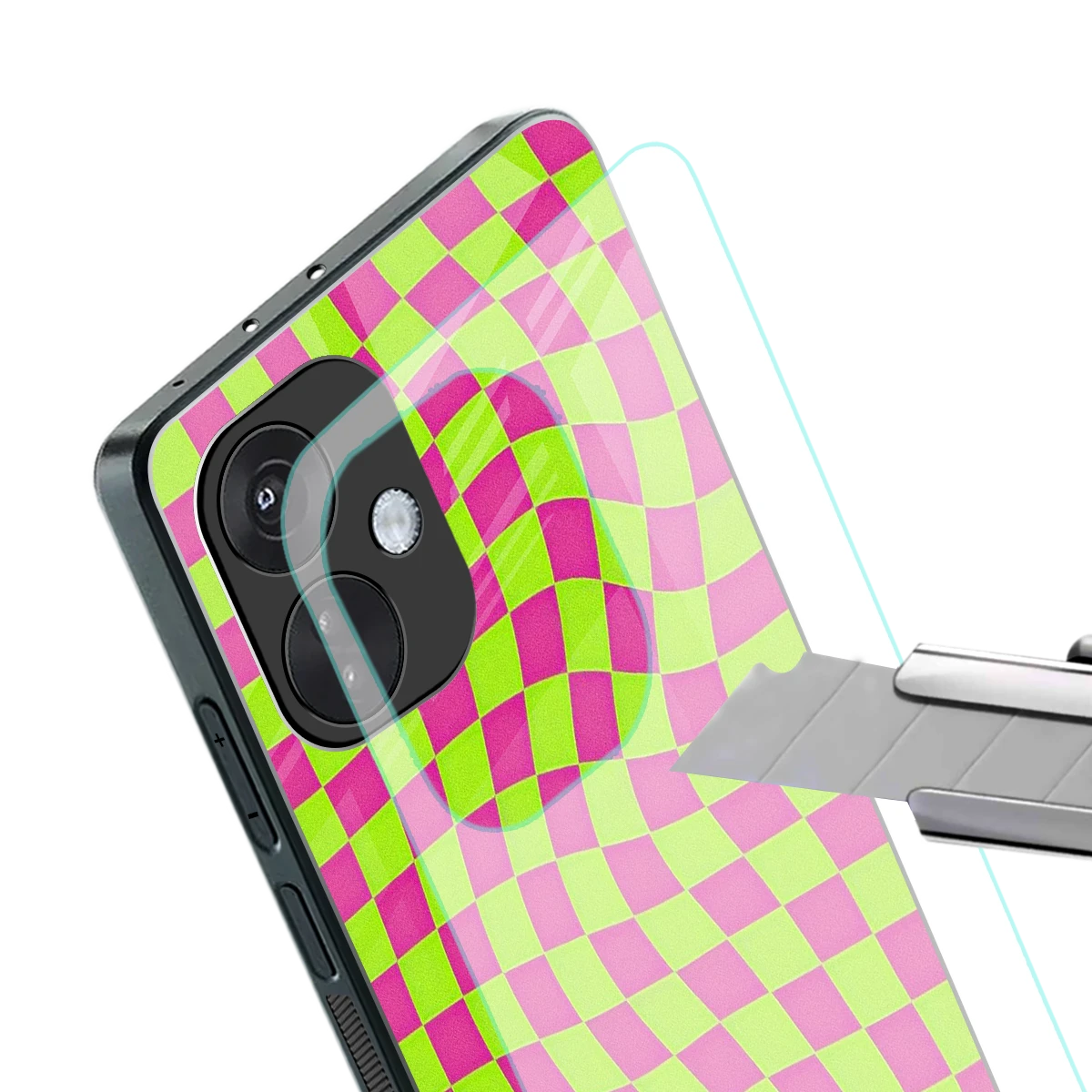 Trippy Green Pink Checkers stylish phone case for oneplus nord ce 3 | glossy glass and slim fit