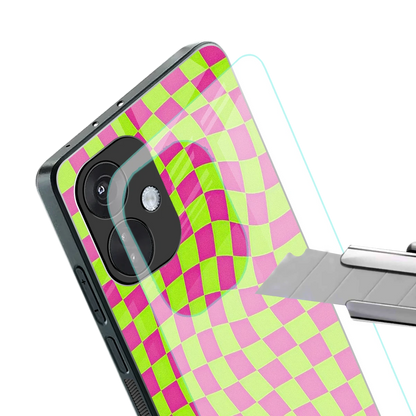 Trippy Green Pink Checkers stylish phone case for oneplus nord ce 3 | glossy glass and slim fit