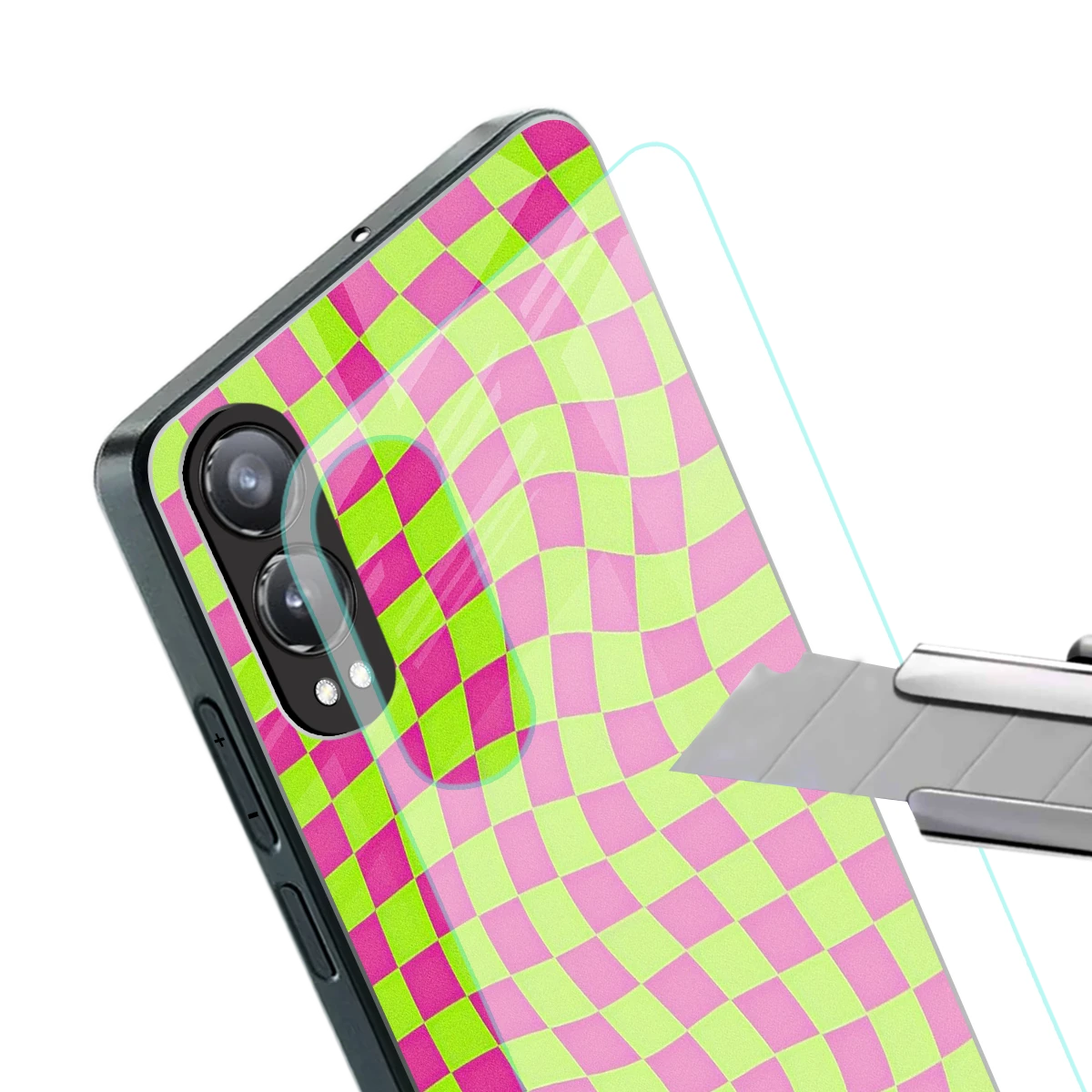 Trippy Green Pink Checkers stylish phone case for oneplus nord ce 4 lite | glossy glass and slim fit