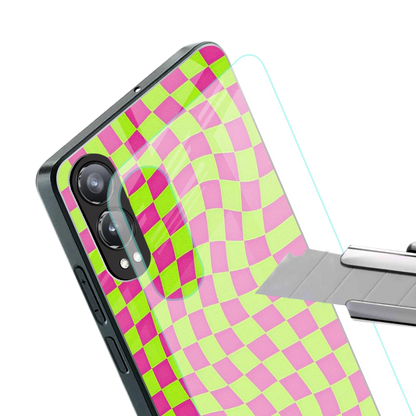 Trippy Green Pink Checkers stylish phone case for oneplus nord ce 4 lite | glossy glass and slim fit