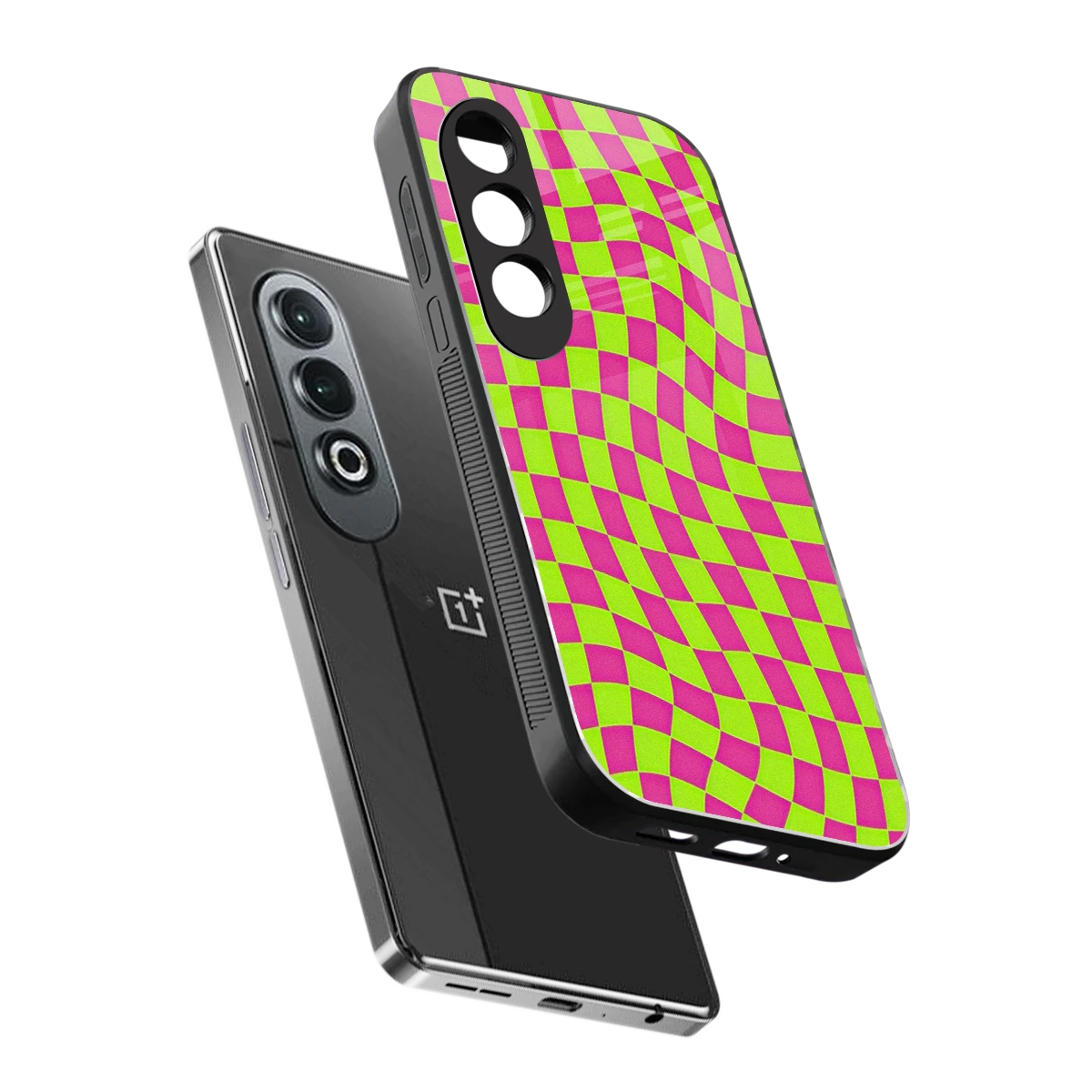 Trippy Green Pink Checkers sleek oneplus nord ce 4 cover with tempered glass back and TPU edges