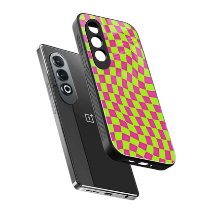 Trippy Green Pink Checkers sleek oneplus nord ce 4 cover with tempered glass back and TPU edges