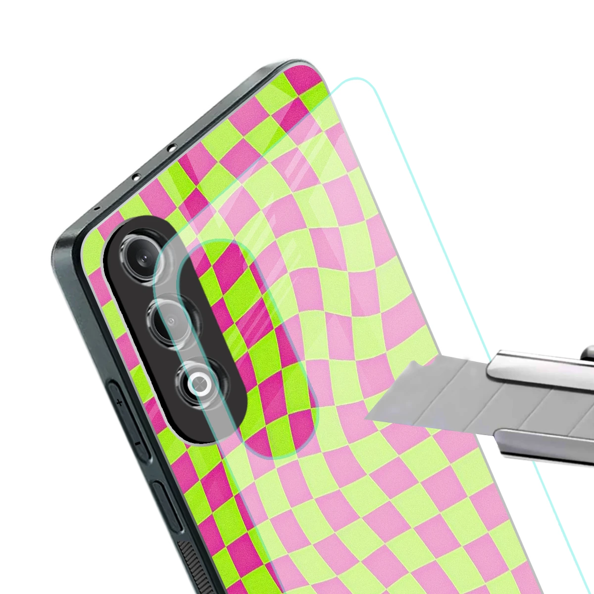 Trippy Green Pink Checkers stylish phone case for oneplus nord ce 4 | glossy glass and slim fit