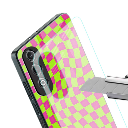 Trippy Green Pink Checkers stylish phone case for oneplus nord ce 4 | glossy glass and slim fit