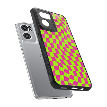 Trippy Green Pink Checkers sleek oneplus nord ce 2 cover with tempered glass back and TPU edges