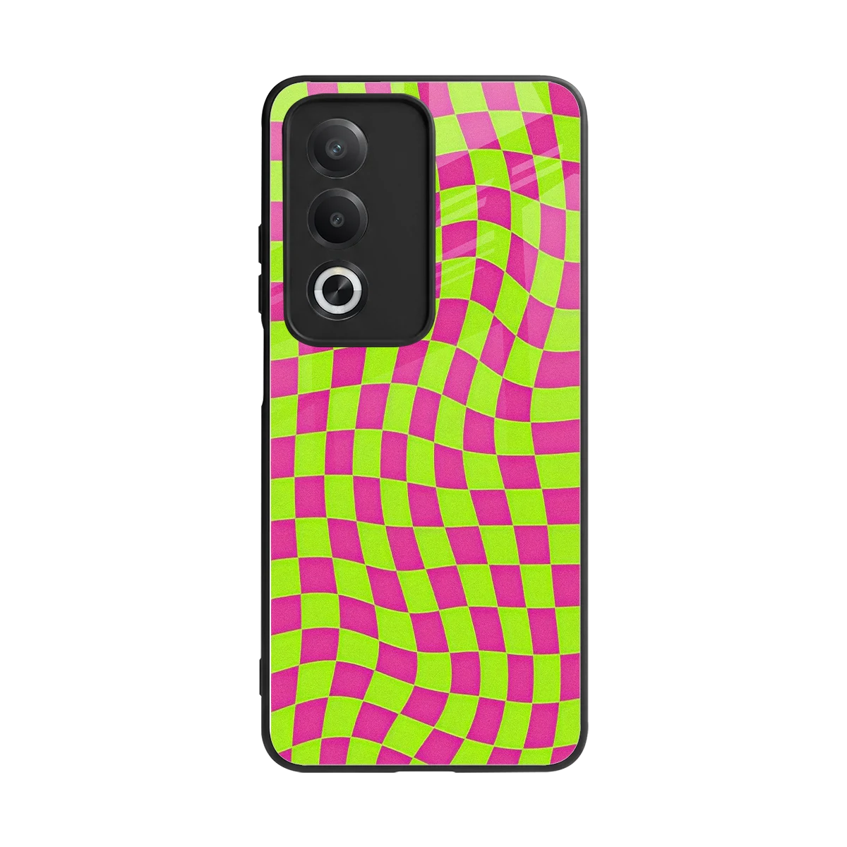 Trippy Green Pink Checkers back phone cover | glass case for oppo a3 pro