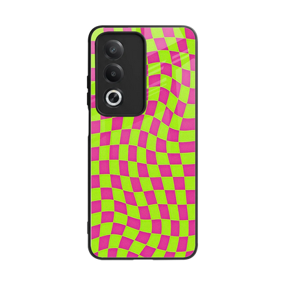 Trippy Green Pink Checkers back phone cover | glass case for oppo a3 pro