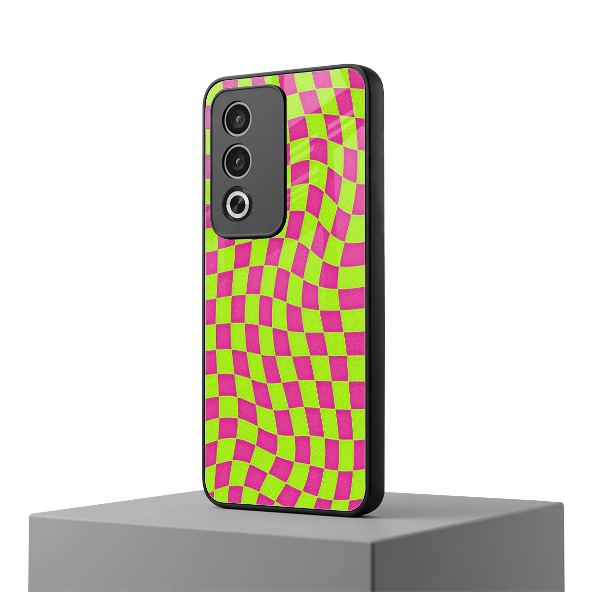 Trippy Green Pink Checkers oppo a3 pro mobile cover | shockproof glass phone case