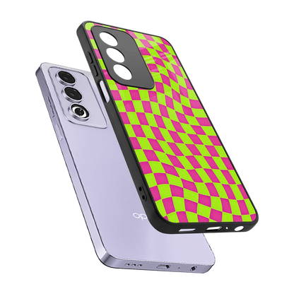 Trippy Green Pink Checkers sleek oppo a3 pro cover with tempered glass back and TPU edges
