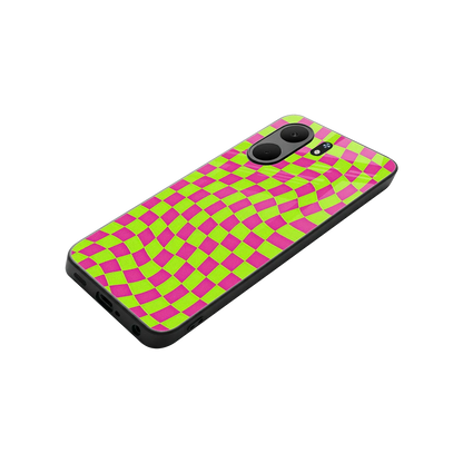 Trippy Green Pink Checkers stylish phone case for oppo a5x 5g | glossy glass and slim fit