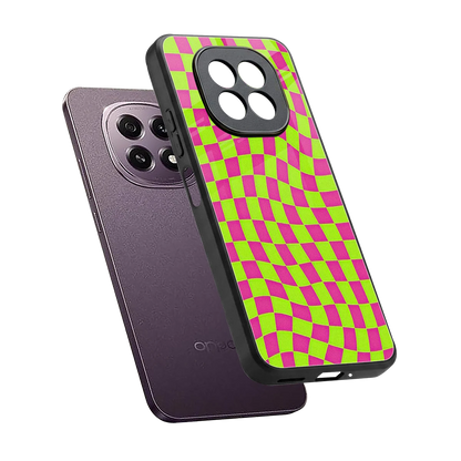 Trippy Green Pink Checkers sleek oppo f29 5g cover with tempered glass back and TPU edges