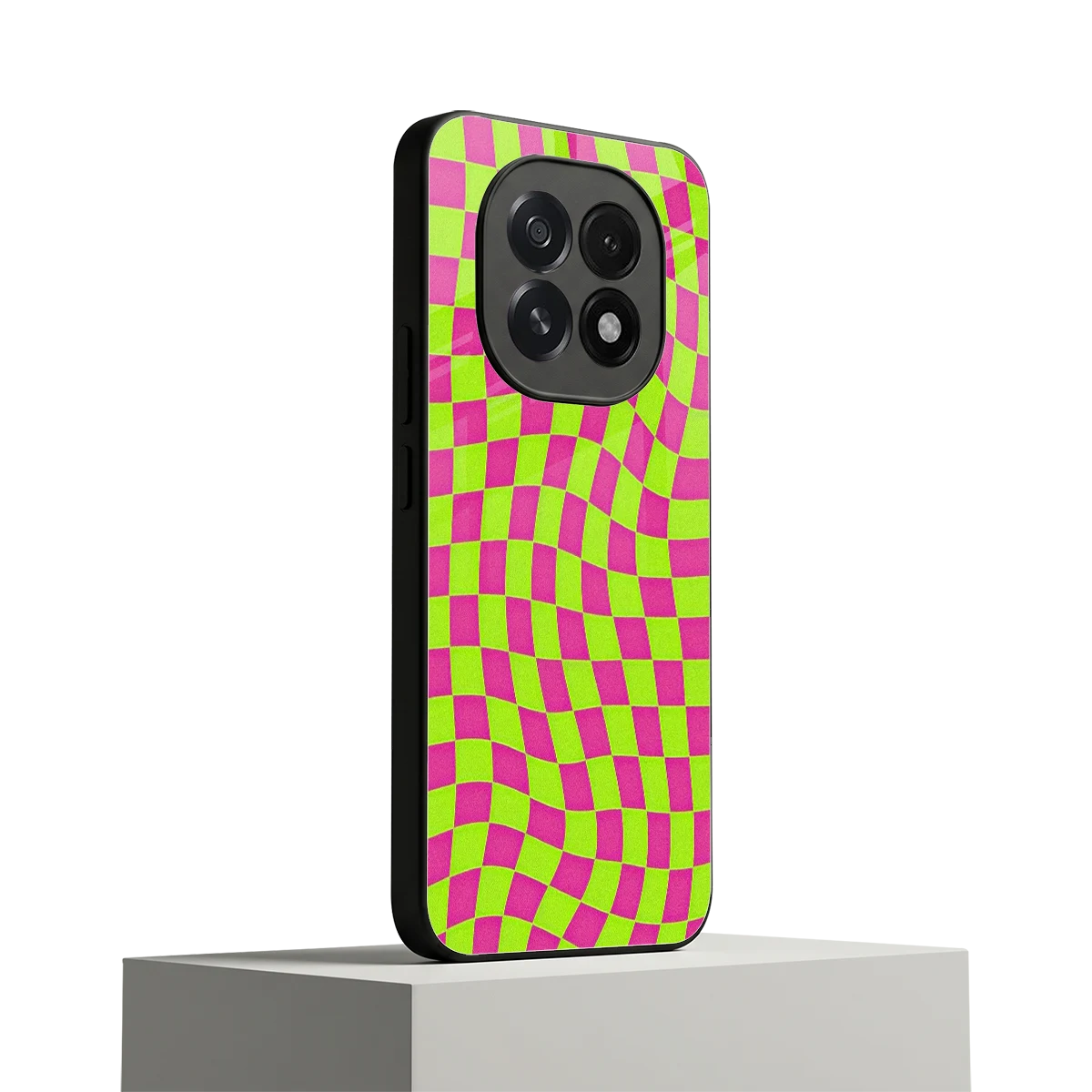 Trippy Green Pink Checkers oppo f29 5g mobile cover | shockproof glass phone case