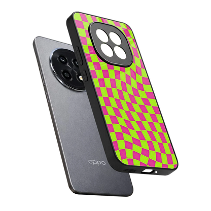 Trippy Green Pink Checkers sleek oppo f29 pro 5g cover with tempered glass back and TPU edges