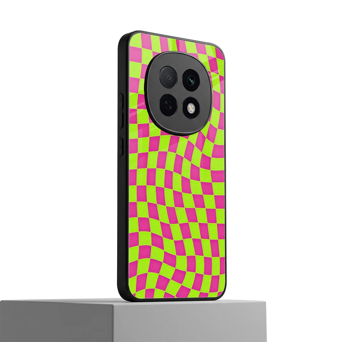 Trippy Green Pink Checkers oppo f29 pro 5g mobile cover | shockproof glass phone case