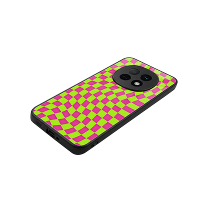 Trippy Green Pink Checkers stylish phone case for oppo f29 pro 5g | glossy glass and slim fit