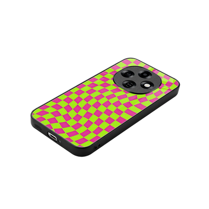 Trippy Green Pink Checkers stylish phone case for oppo f31 pro 5g | glossy glass and slim fit