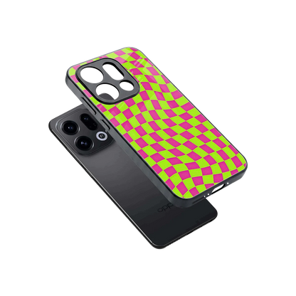 Trippy Green Pink Checkers sleek oppo find x9 cover with tempered glass back and TPU edges