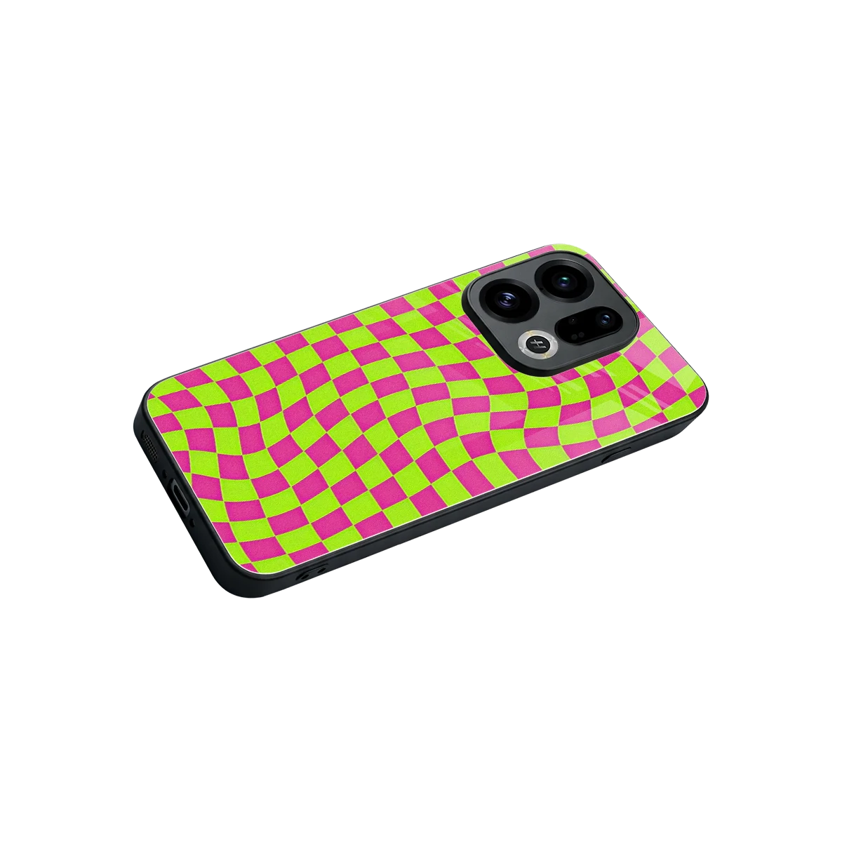 Trippy Green Pink Checkers stylish phone case for oppo find x9 | glossy glass and slim fit