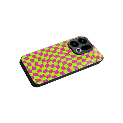 Trippy Green Pink Checkers stylish phone case for oppo find x9 | glossy glass and slim fit