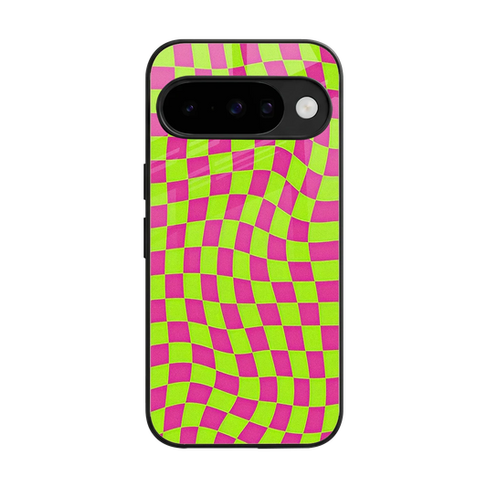 Trippy Green Pink Checkers back phone cover | glass case for google pixel 10