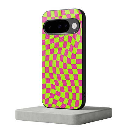 Trippy Green Pink Checkers google pixel 10 mobile cover | shockproof glass phone case