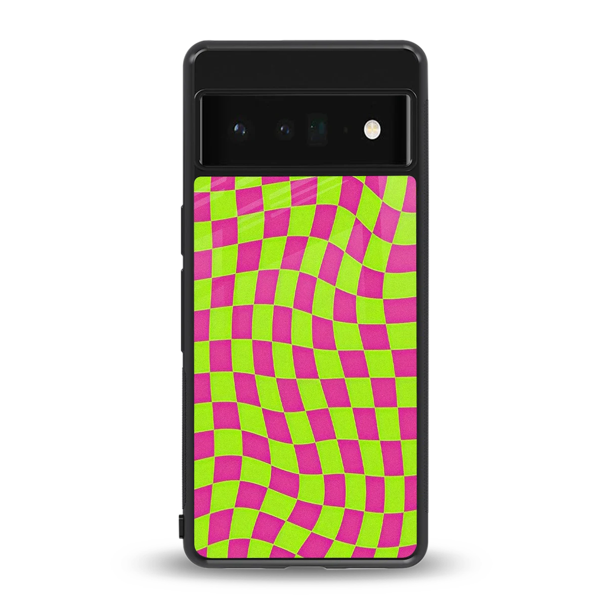 Trippy Green Pink Checkers back phone cover | glass case for google pixel 6 pro