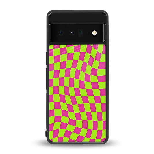 Trippy Green Pink Checkers back phone cover | glass case for google pixel 6 pro