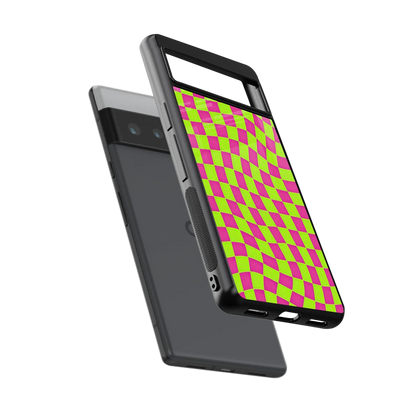 Trippy Green Pink Checkers sleek google pixel 6 pro cover with tempered glass back and TPU edges