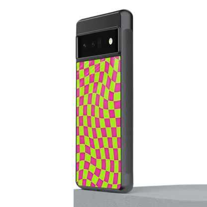 Trippy Green Pink Checkers stylish phone case for google pixel 6 pro | glossy glass and slim fit