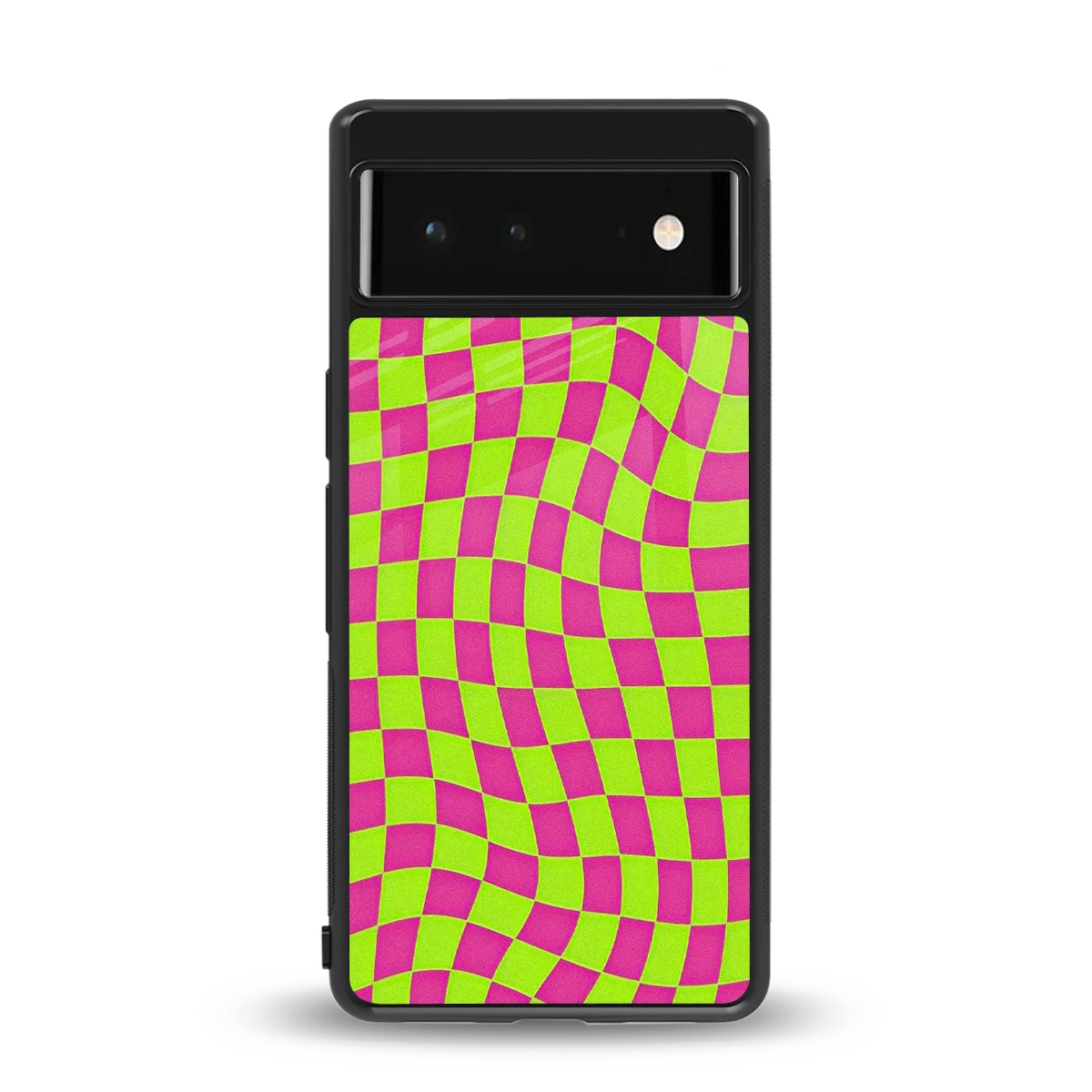 Trippy Green Pink Checkers back phone cover | glass case for google pixel 6a