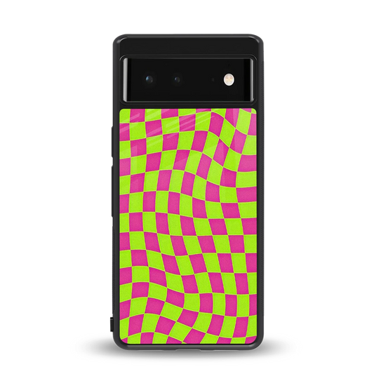 Trippy Green Pink Checkers back phone cover | glass case for google pixel 6a