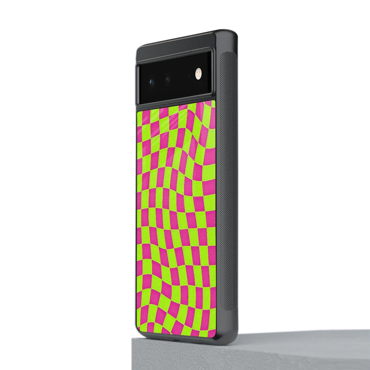 Trippy Green Pink Checkers stylish phone case for google pixel 6a | glossy glass and slim fit