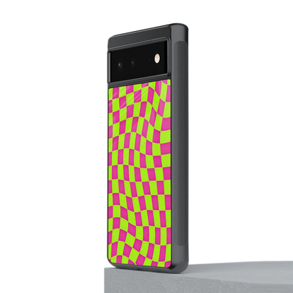 Trippy Green Pink Checkers stylish phone case for google pixel 6a | glossy glass and slim fit