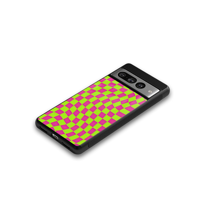 Trippy Green Pink Checkers google pixel 7 pro mobile cover | shockproof glass phone case