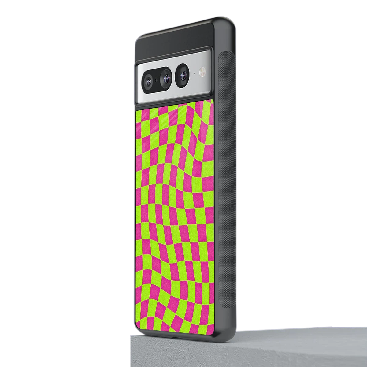 Trippy Green Pink Checkers stylish phone case for google pixel 7 pro | glossy glass and slim fit