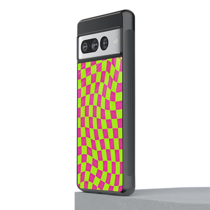 Trippy Green Pink Checkers stylish phone case for google pixel 7 pro | glossy glass and slim fit