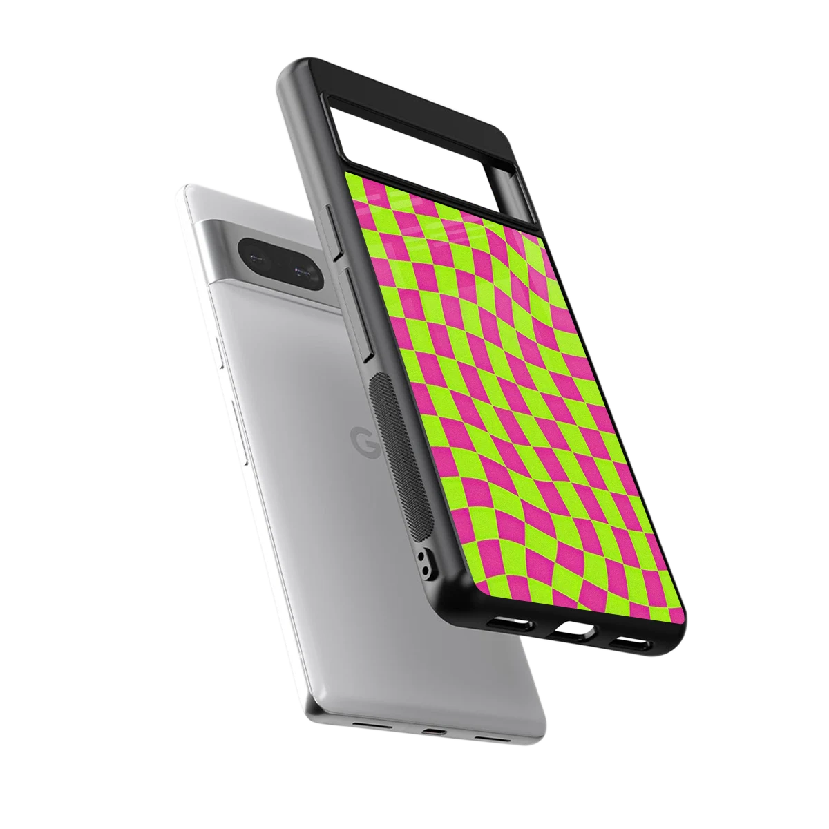 Trippy Green Pink Checkers sleek google pixel 7a cover with tempered glass back and TPU edges