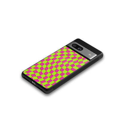 Trippy Green Pink Checkers google pixel 7a mobile cover | shockproof glass phone case