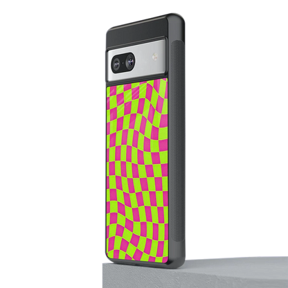 Trippy Green Pink Checkers stylish phone case for google pixel 7a | glossy glass and slim fit
