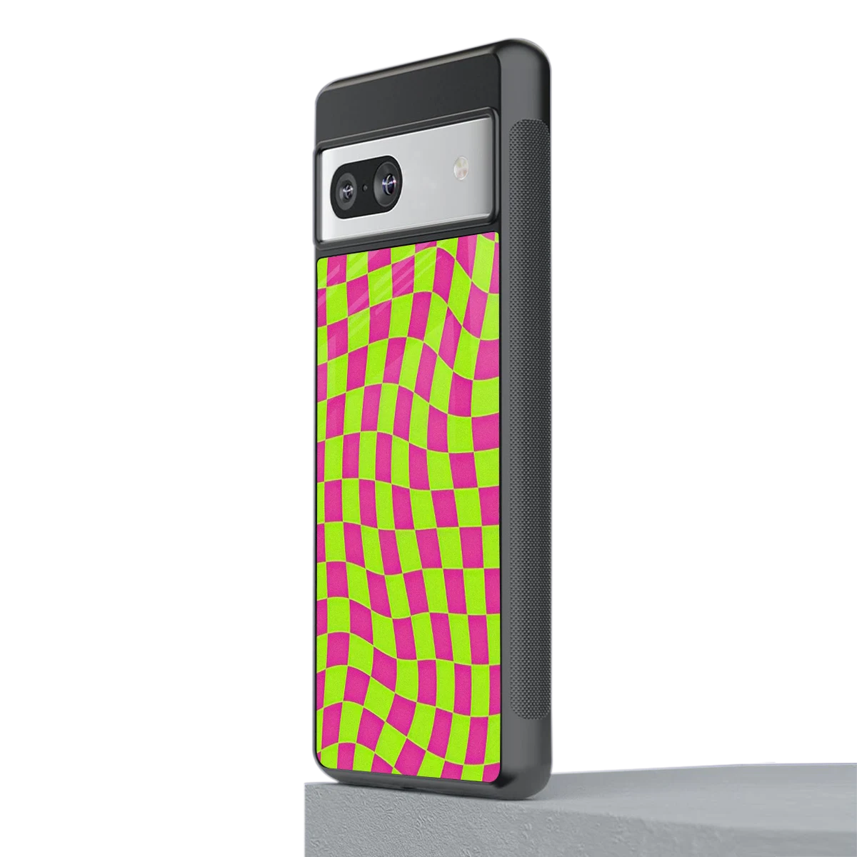 Trippy Green Pink Checkers stylish phone case for google pixel 7 | glossy glass and slim fit