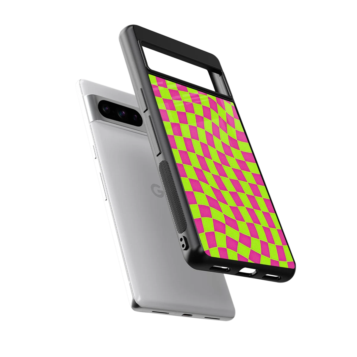 Trippy Green Pink Checkers sleek google pixel 8 pro cover with tempered glass back and TPU edges