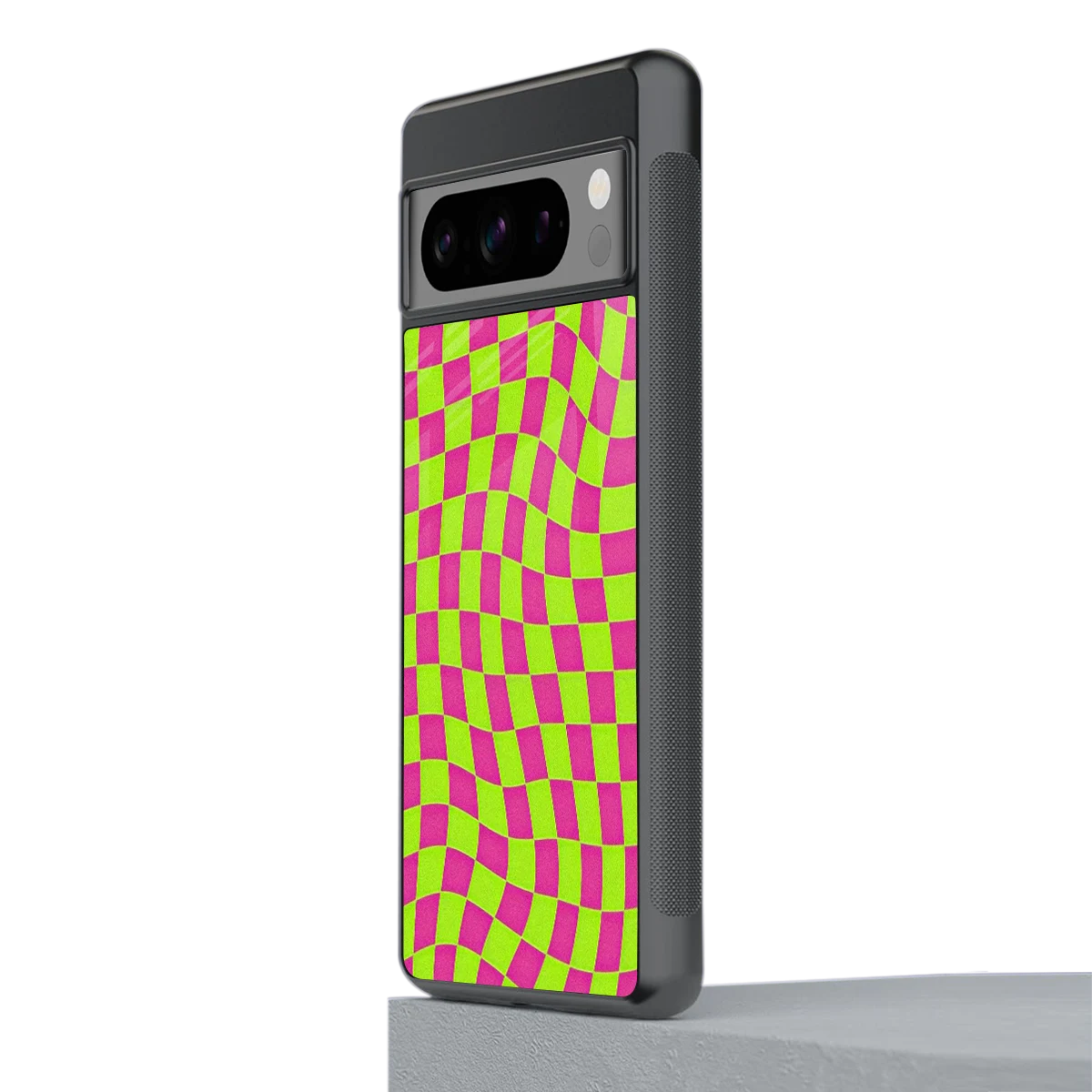 Trippy Green Pink Checkers stylish phone case for google pixel 8 pro | glossy glass and slim fit