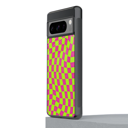 Trippy Green Pink Checkers stylish phone case for google pixel 8 pro | glossy glass and slim fit