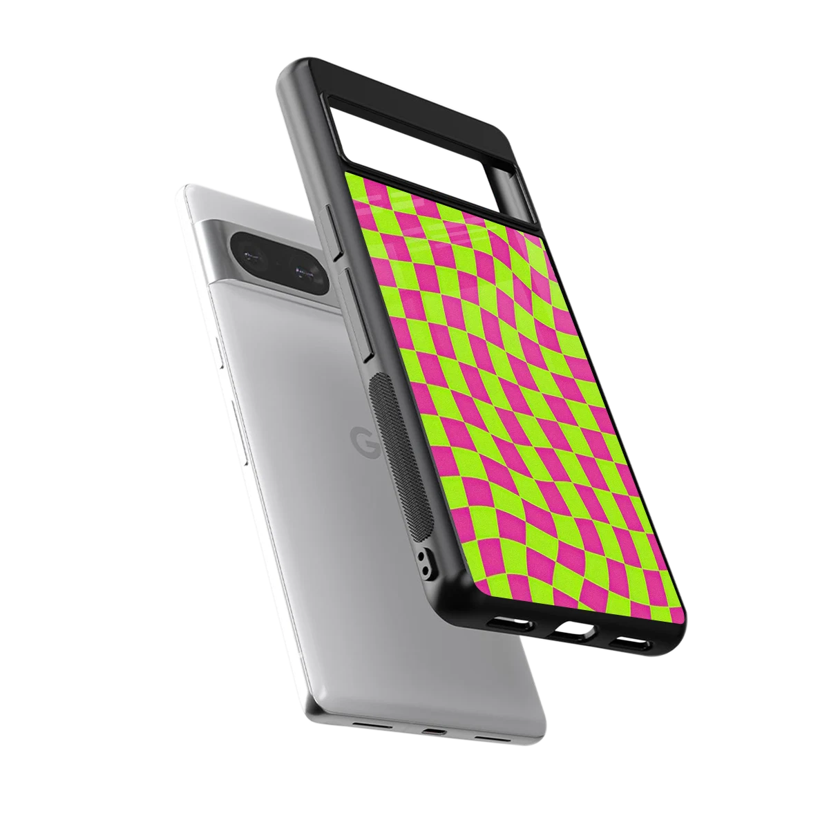 Trippy Green Pink Checkers sleek google pixel 8 cover with tempered glass back and TPU edges