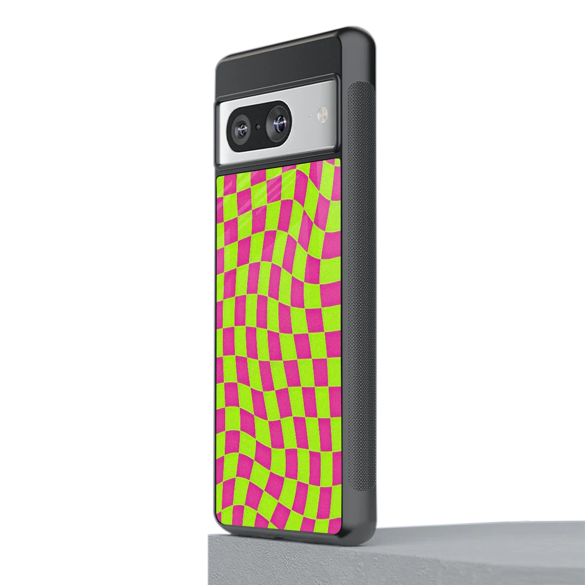 Trippy Green Pink Checkers stylish phone case for google pixel 8 | glossy glass and slim fit