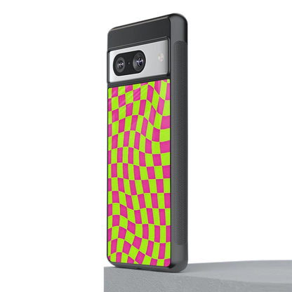 Trippy Green Pink Checkers stylish phone case for google pixel 8 | glossy glass and slim fit